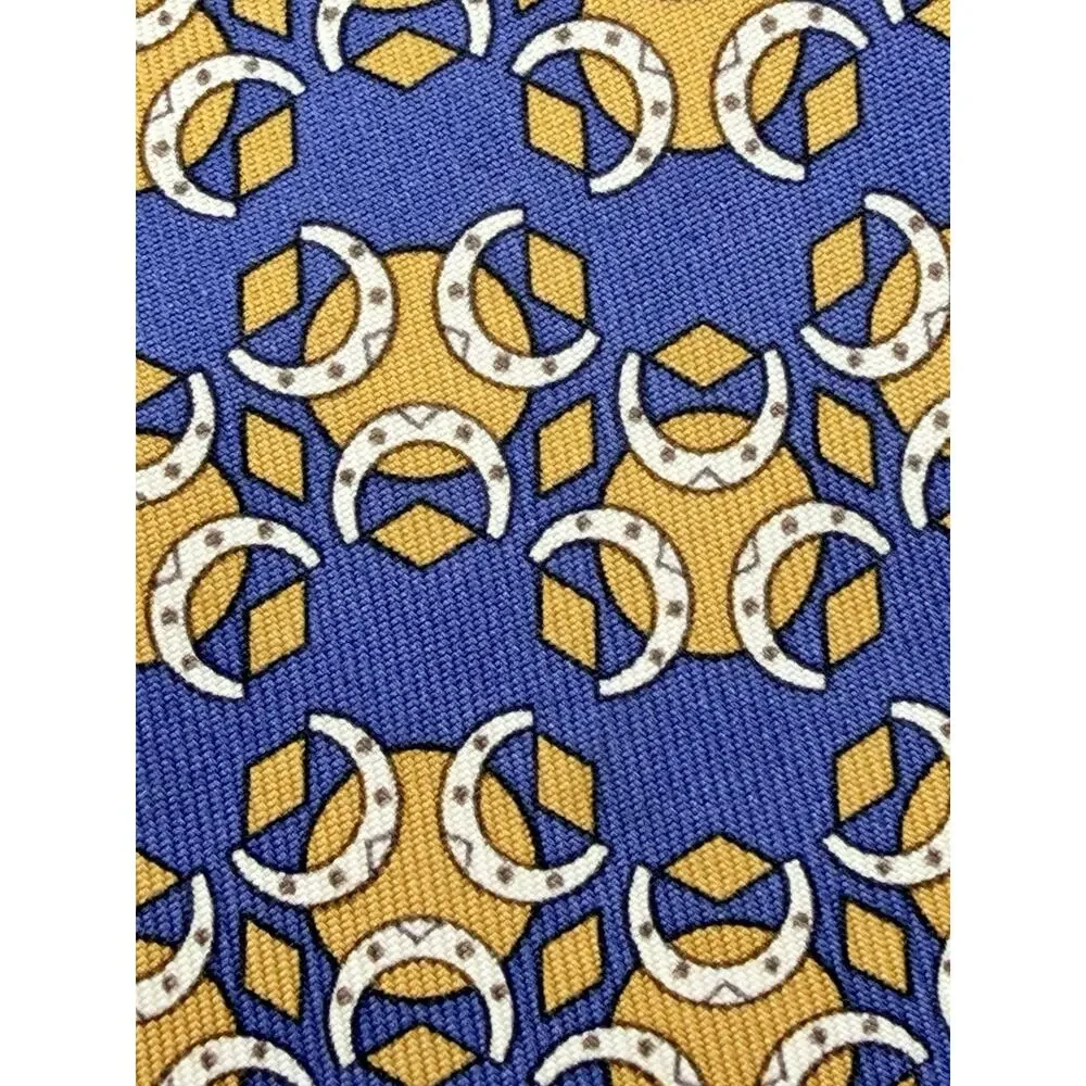 Hermes Paris Silk Tie Blue Gold Horseshoe Geometric Mens Silk Cravat 5008 EA